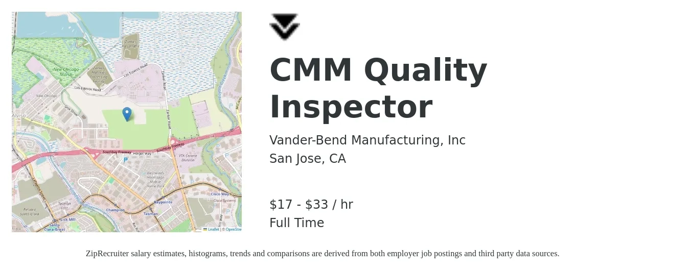 Vander-Bend Manufacturing, Inc job posting for a CMM Quality Inspector in San Jose, CA with a salary of $18 to $35 Hourly with a map of San Jose location.