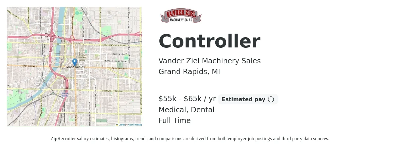 Vander Ziel Machinery Sales job posting for a Controller in Grand Rapids, MI with a salary of $55,000 to $65,000 Yearly and benefits including retirement, dental, life_insurance, medical, and pto with a map of Grand Rapids location.