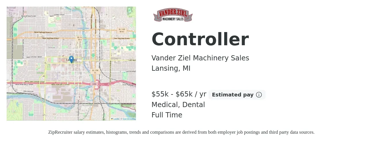Vander Ziel Machinery Sales job posting for a Controller in Lansing, MI with a salary of $55,000 to $65,000 Yearly and benefits including pto, retirement, dental, life_insurance, and medical with a map of Lansing location.