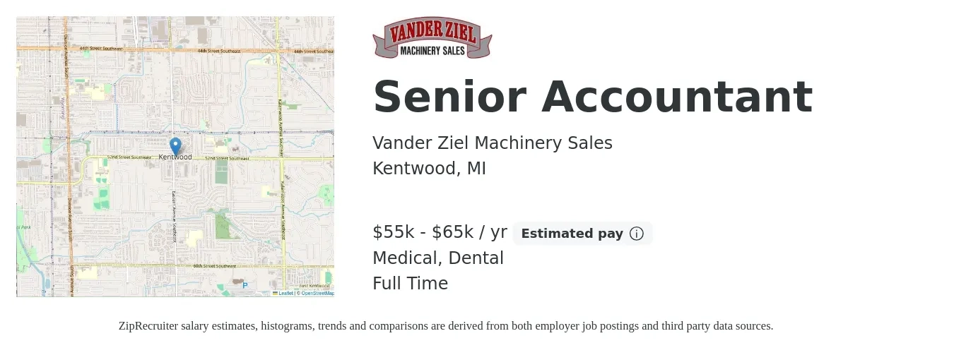 Vander Ziel Machinery Sales job posting for a Senior Accountant in Kentwood, MI with a salary of $55,000 to $65,000 Yearly and benefits including pto, retirement, dental, life_insurance, and medical with a map of Kentwood location.