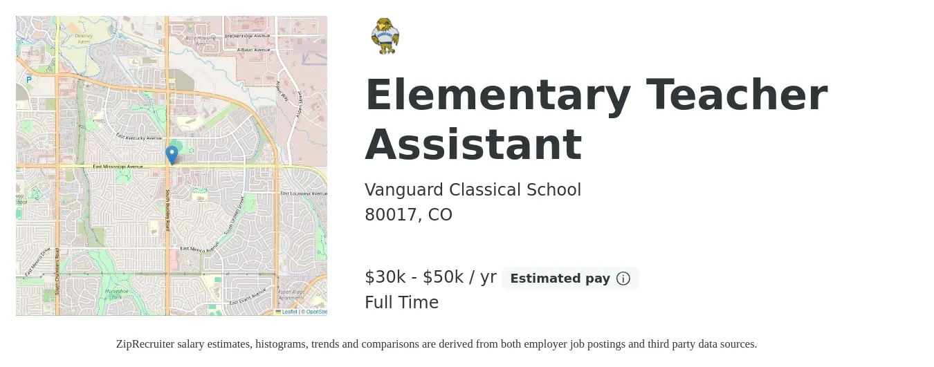 Vanguard Classical School job posting for a Elementary Teacher Assistant in 80017, CO with a salary of $30,000 to $50,000 Yearly with a map of 80017 location.