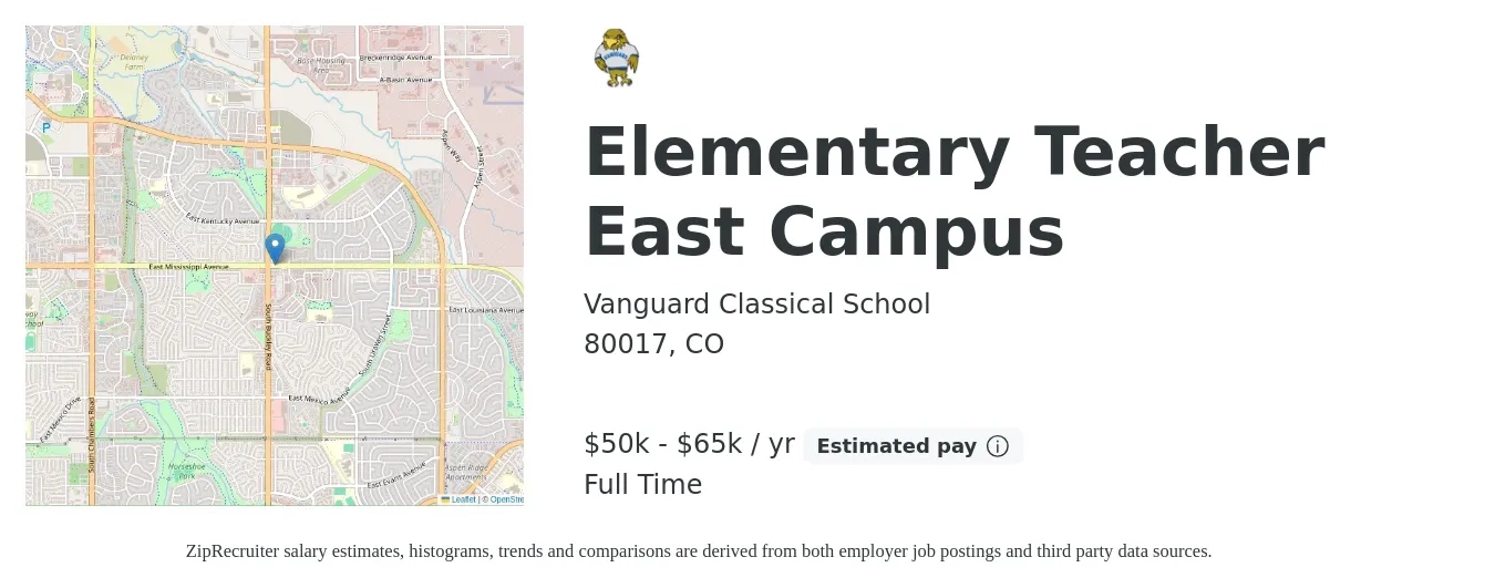 Vanguard Classical School job posting for a Elementary Teacher East Campus in 80017, CO with a salary of $50,000 to $65,000 Yearly with a map of 80017 location.