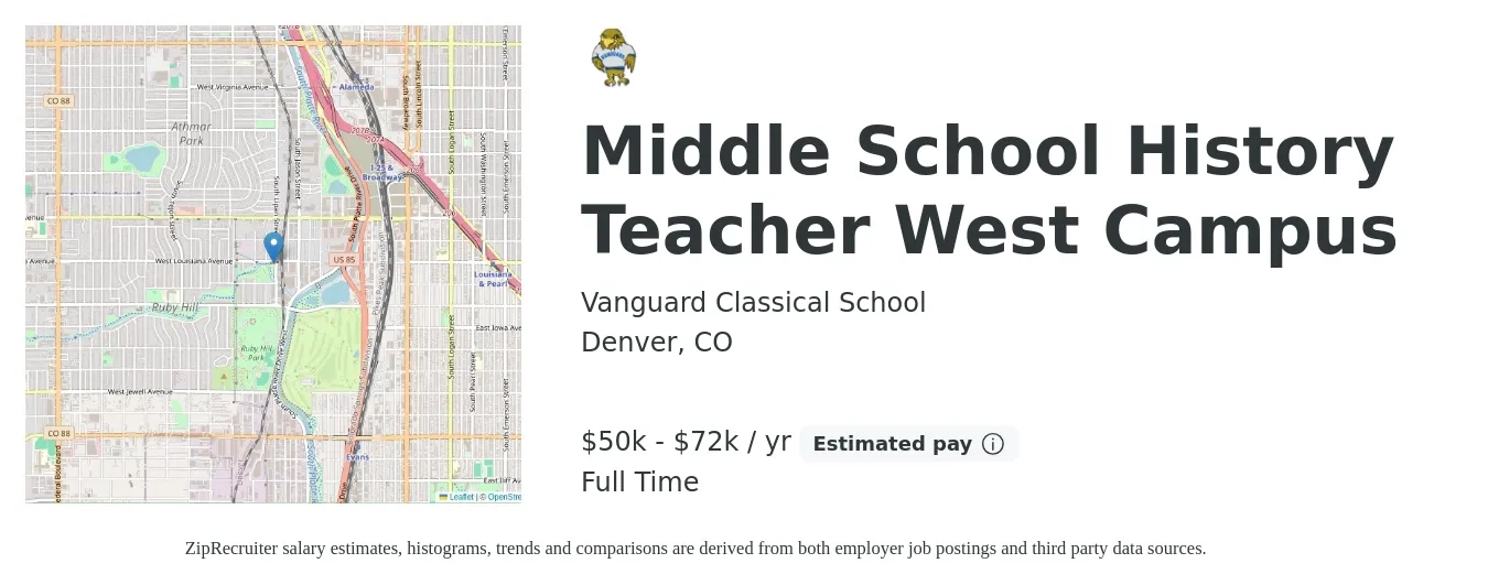 Vanguard Classical School job posting for a Middle School History Teacher West Campus in Denver, CO with a salary of $50,000 to $72,000 Yearly with a map of Denver location.