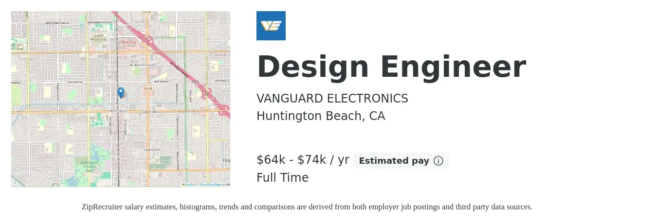 VANGUARD ELECTRONICS job posting for a Design Engineer in Huntington Beach, CA with a salary of $64,000 to $74,000 Yearly with a map of Huntington Beach location.