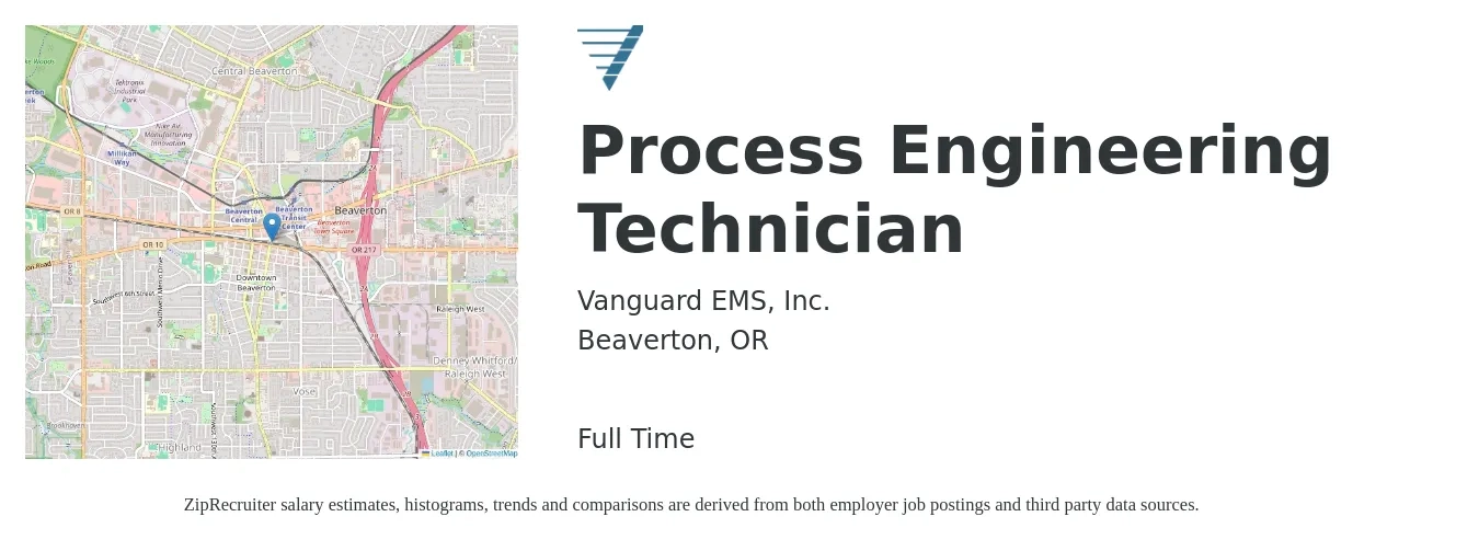 Vanguard EMS, Inc. job posting for a Process Engineering Technician in Beaverton, OR with a salary of $26 to $39 Hourly with a map of Beaverton location.