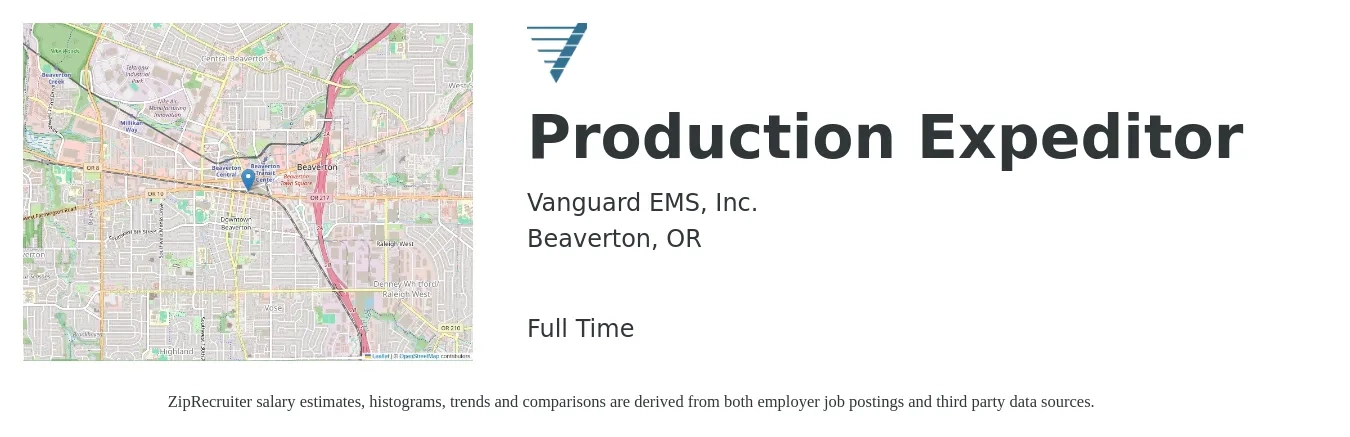 Vanguard EMS, Inc. job posting for a Production Expeditor in Beaverton, OR with a salary of $20 to $32 Hourly with a map of Beaverton location.