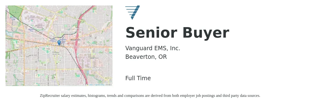 Vanguard EMS, Inc. job posting for a Senior Buyer in Beaverton, OR with a salary of $57,200 to $82,200 Yearly with a map of Beaverton location.