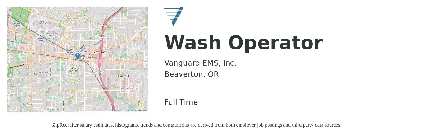 Vanguard EMS, Inc. job posting for a Wash Operator in Beaverton, OR with a salary of $14 to $17 Hourly with a map of Beaverton location.