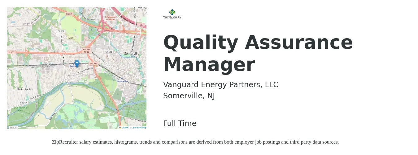 Vanguard Energy Partners, LLC job posting for a Quality Assurance Manager in Somerville, NJ with a salary of $85,000 to $148,000 Yearly with a map of Somerville location.