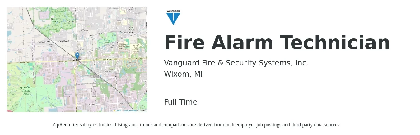 Vanguard Fire & Security Systems, Inc. job posting for a Fire Alarm Technician in Wixom, MI with a salary of $24 to $33 Hourly with a map of Wixom location.