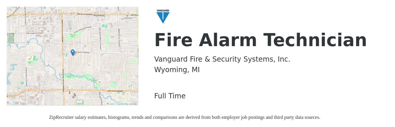 Vanguard Fire & Security Systems, Inc. job posting for a Fire Alarm Technician in Wyoming, MI with a salary of $22 to $32 Hourly with a map of Wyoming location.