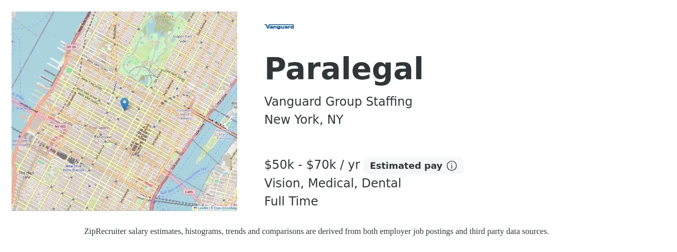 Vanguard Group Staffing job posting for a Paralegal in New York, NY with a salary of $50,000 to $70,000 Yearly and benefits including dental, life_insurance, medical, pto, retirement, and vision with a map of New York location.
