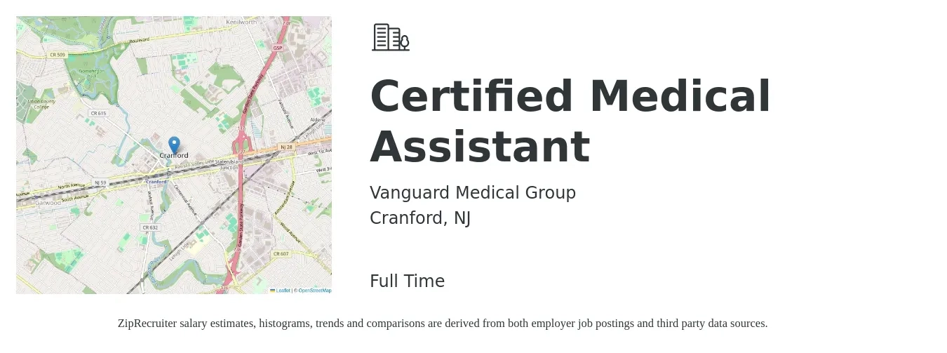 Vanguard Medical Group job posting for a Certified Medical Assistant in Cranford, NJ with a salary of $18 to $22 Hourly with a map of Cranford location.