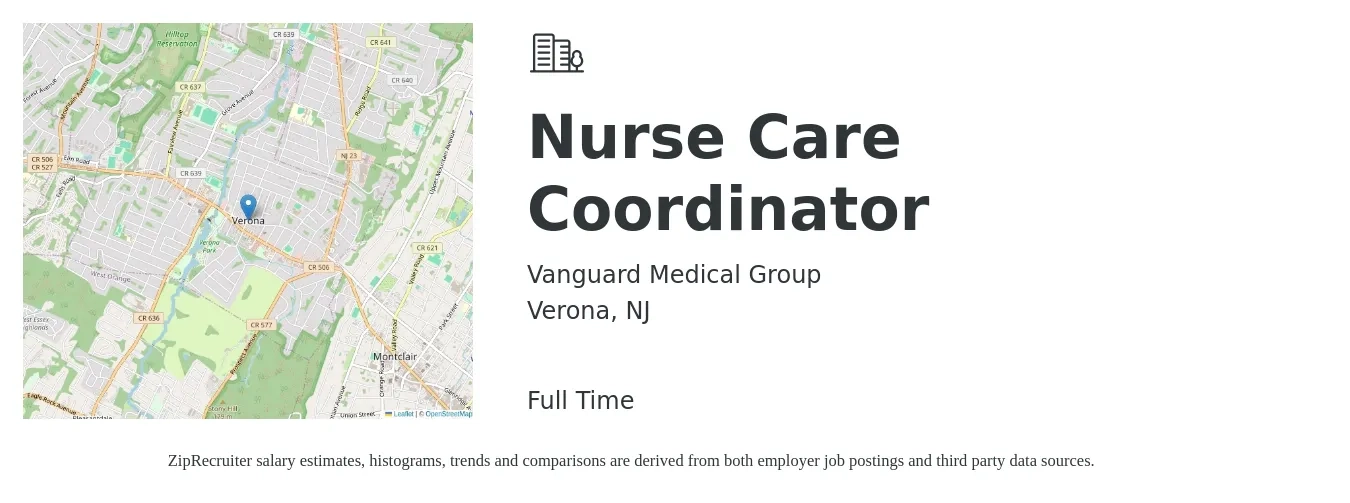 Vanguard Medical Group job posting for a Nurse Care Coordinator in Verona, NJ with a salary of $33 to $49 Hourly with a map of Verona location.