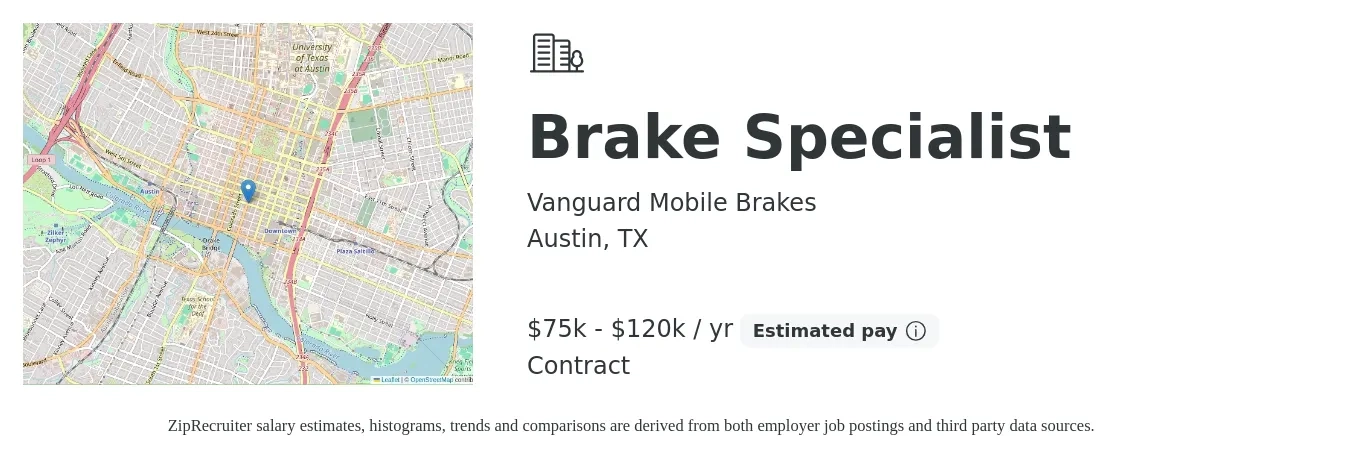Vanguard Mobile Brakes job posting for a Brake Specialist in Austin, TX with a salary of $75,000 to $120,000 Yearly with a map of Austin location.