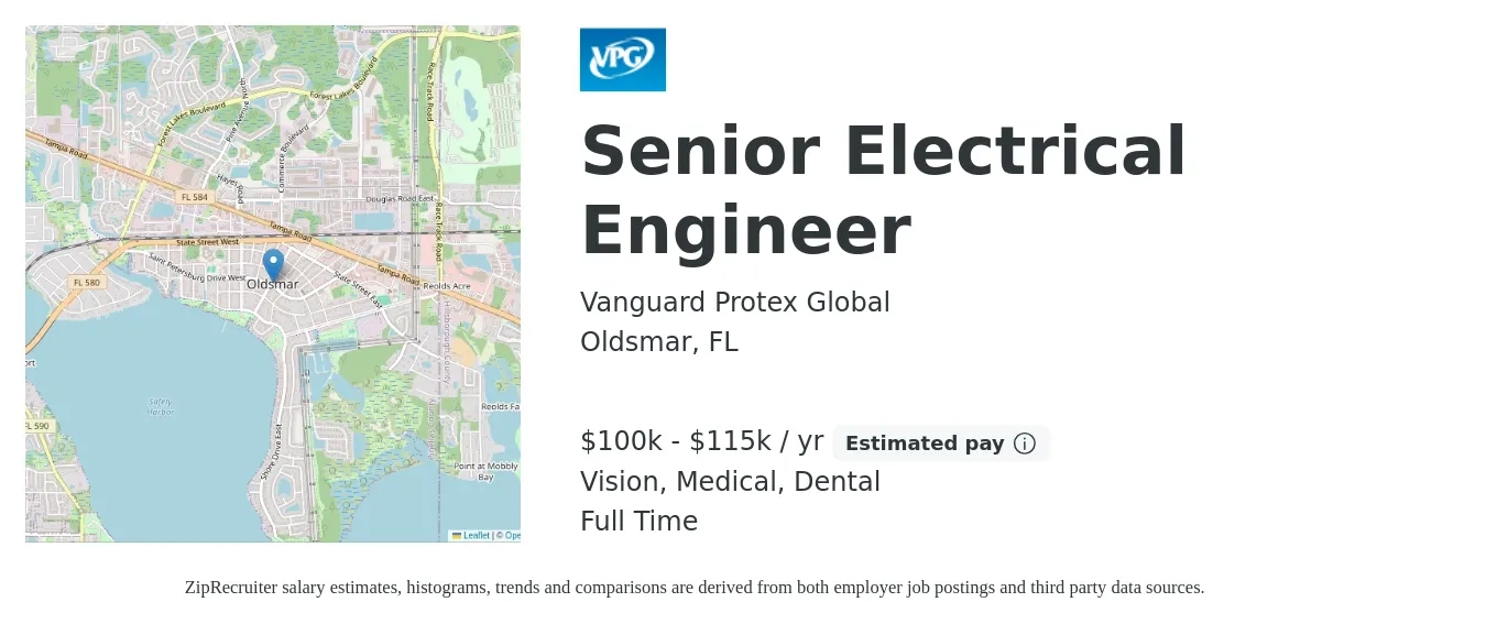 Vanguard Protex Global job posting for a Senior Electrical Engineer in Oldsmar, FL with a salary of $100,000 to $115,000 Yearly and benefits including medical, pto, retirement, vision, dental, and life_insurance with a map of Oldsmar location.