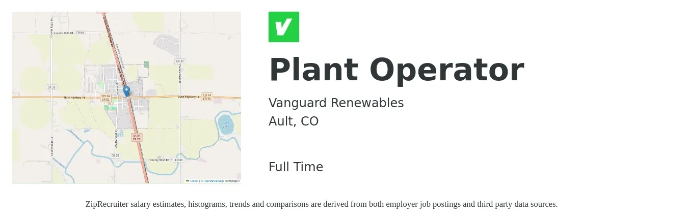 Vanguard Renewables job posting for a Plant Operator in Ault, CO with a salary of $16 to $25 Hourly with a map of Ault location.
