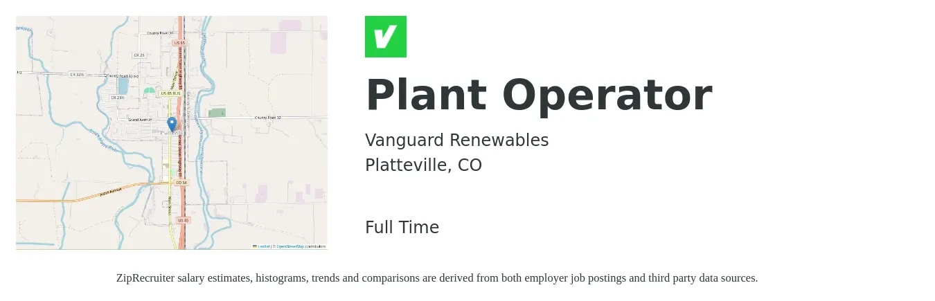 Vanguard Renewables job posting for a Plant Operator in Platteville, CO with a salary of $19 to $30 Hourly with a map of Platteville location.