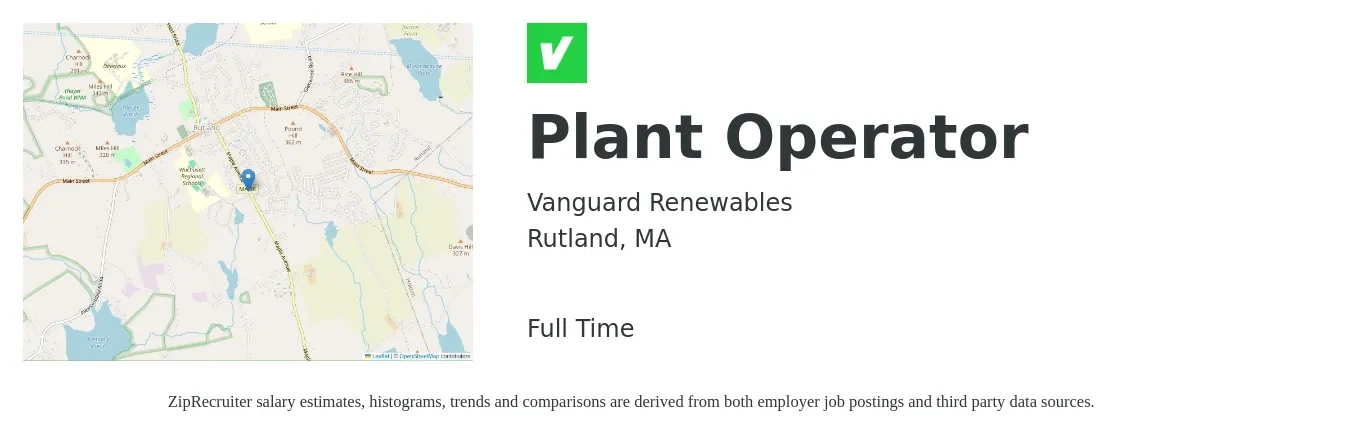 Vanguard Renewables job posting for a Plant Operator in Rutland, MA with a salary of $18 to $28 Hourly with a map of Rutland location.