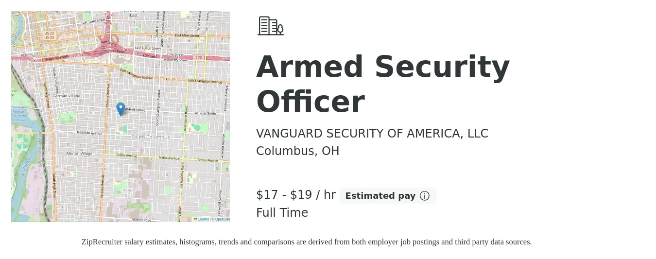 VANGUARD SECURITY OF AMERICA, LLC job posting for a Armed Security Officer in Columbus, OH with a salary of $18 to $20 Hourly with a map of Columbus location.