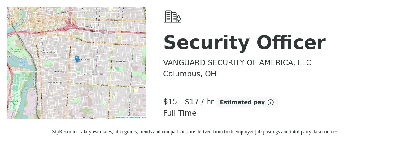 VANGUARD SECURITY OF AMERICA, LLC job posting for a Security Officer in Columbus, OH with a salary of $16 to $18 Hourly with a map of Columbus location.