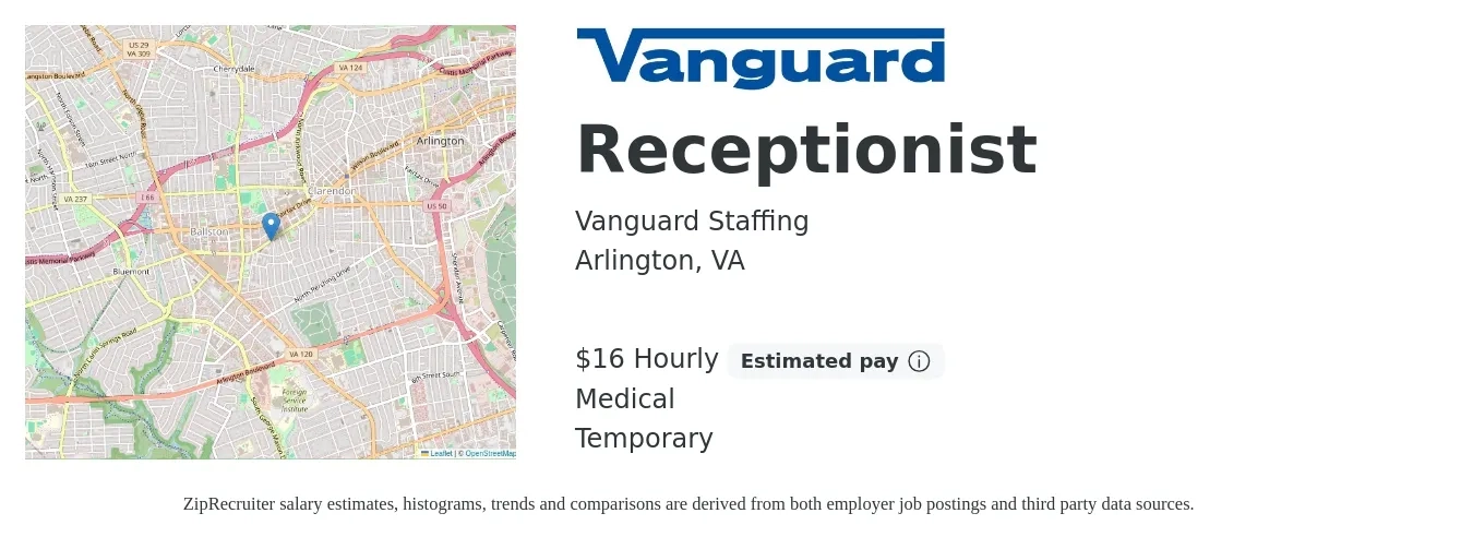 Vanguard Staffing job posting for a Receptionist in Arlington, VA with a salary of $17 Hourly and benefits including medical with a map of Arlington location.
