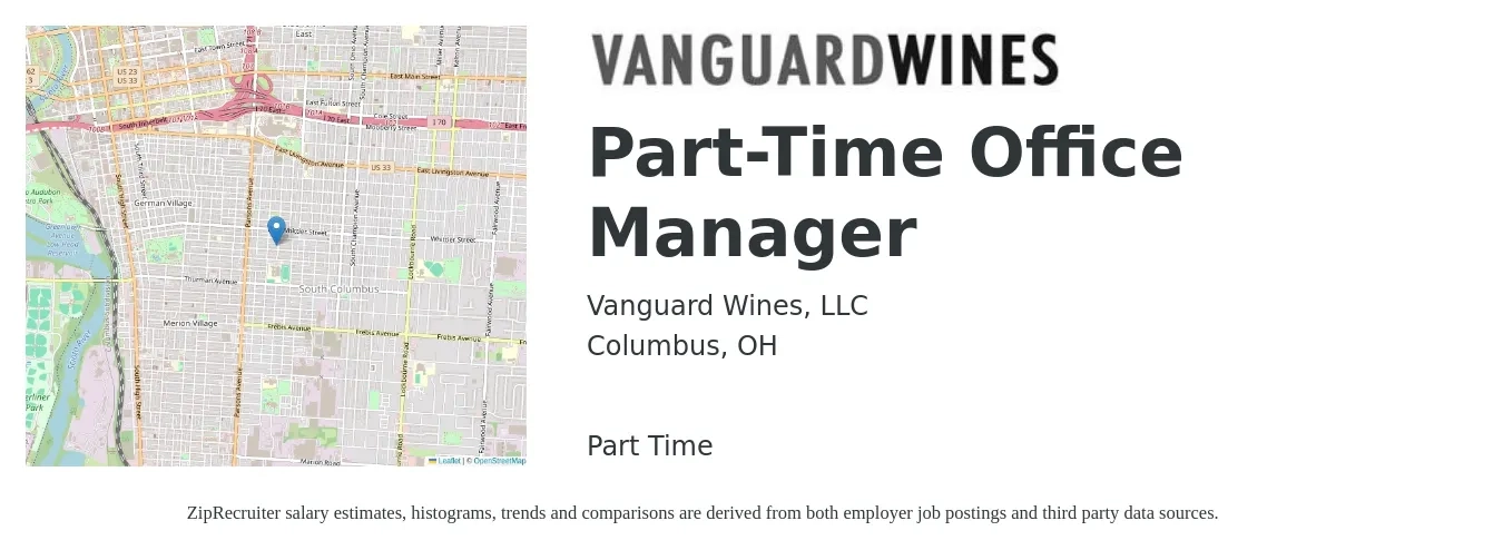 Vanguard Wines, LLC job posting for a Part-Time Office Manager in Columbus, OH with a salary of $38,600 to $57,000 Yearly with a map of Columbus location.