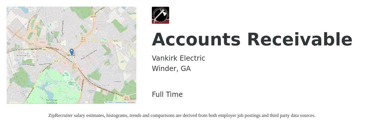 Vankirk Electric job posting for a Accounts Receivable in Winder, GA with a salary of $18 to $24 Hourly with a map of Winder location.