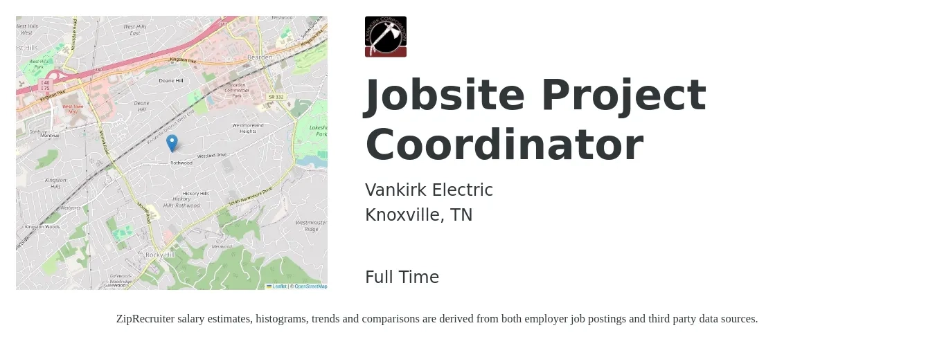 Vankirk Electric job posting for a Jobsite Project Coordinator in Knoxville, TN with a salary of $45,800 to $65,900 Yearly with a map of Knoxville location.