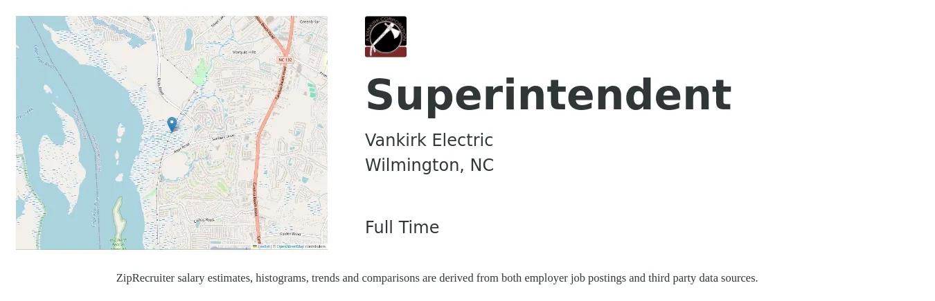 Vankirk Electric job posting for a Superintendent in Wilmington, NC with a salary of $64,300 to $104,600 Yearly with a map of Wilmington location.