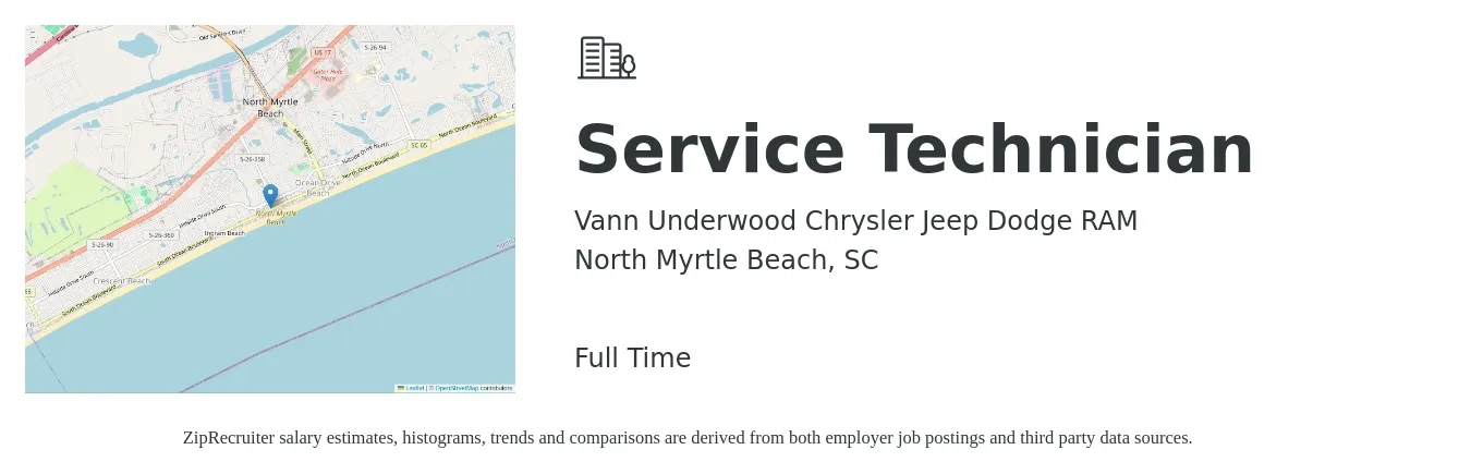Vann Underwood Chrysler Jeep Dodge RAM job posting for a Service Technician in North Myrtle Beach, SC with a salary of $17 to $24 Hourly with a map of North Myrtle Beach location.