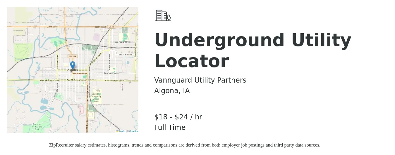 Vannguard Utility Partners job posting for a Underground Utility Locator in Algona, IA with a salary of $19 to $25 Hourly with a map of Algona location.
