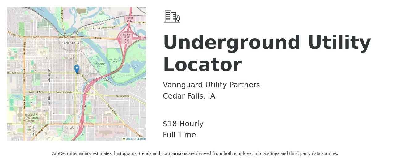 Vannguard Utility Partners job posting for a Underground Utility Locator in Cedar Falls, IA with a salary of $19 Hourly with a map of Cedar Falls location.