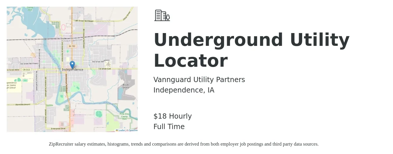 Vannguard Utility Partners job posting for a Underground Utility Locator in Independence, IA with a salary of $19 Hourly with a map of Independence location.