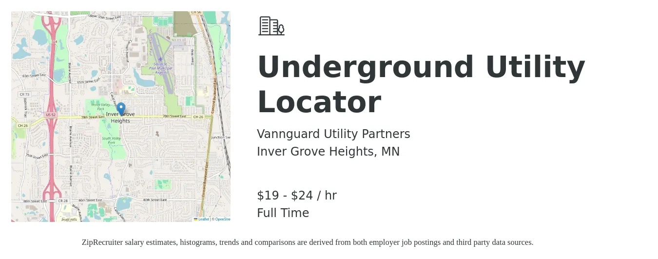 Vannguard Utility Partners job posting for a Underground Utility Locator in Inver Grove Heights, MN with a salary of $20 to $25 Hourly with a map of Inver Grove Heights location.