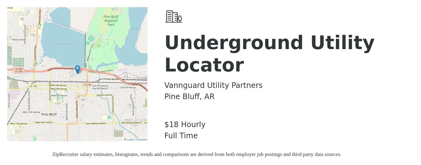 Vannguard Utility Partners job posting for a Underground Utility Locator in Pine Bluff, AR with a salary of $19 Hourly with a map of Pine Bluff location.