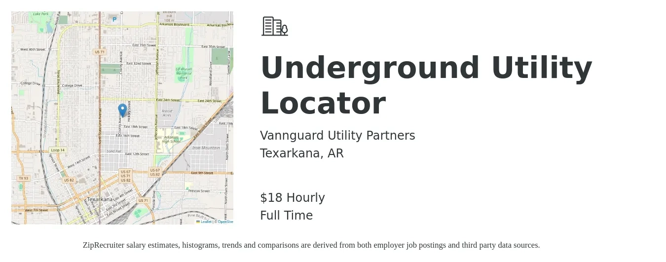 Vannguard Utility Partners job posting for a Underground Utility Locator in Texarkana, AR with a salary of $19 Hourly with a map of Texarkana location.