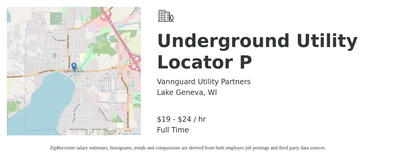 Vannguard Utility Partners job posting for a Underground Utility Locator P in Lake Geneva, WI with a salary of $20 to $25 Hourly with a map of Lake Geneva location.