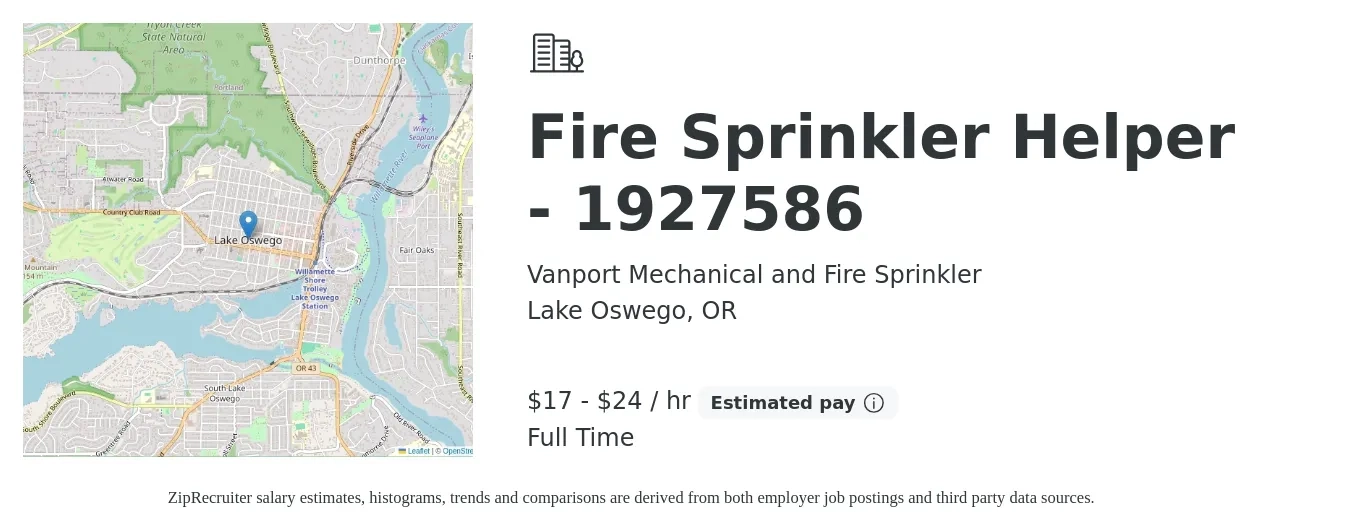Vanport Mechanical and Fire Sprinkler job posting for a Fire Sprinkler Helper - 1927586 in Lake Oswego, OR with a salary of $18 to $25 Hourly with a map of Lake Oswego location.