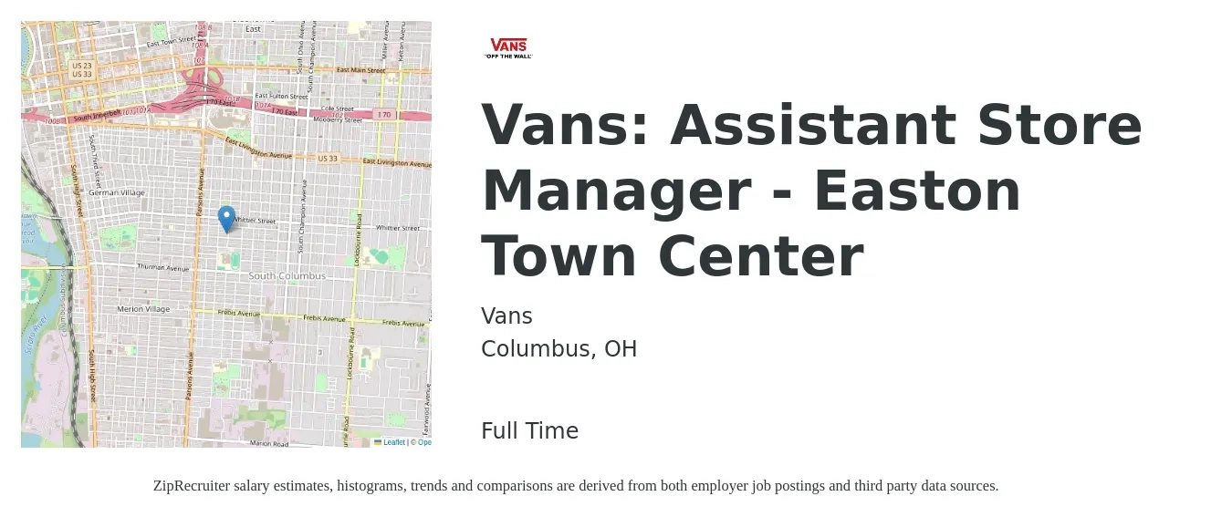 Vans job posting for a Vans: Assistant Store Manager - Easton Town Center in Columbus, OH with a salary of $16 to $22 Hourly with a map of Columbus location.