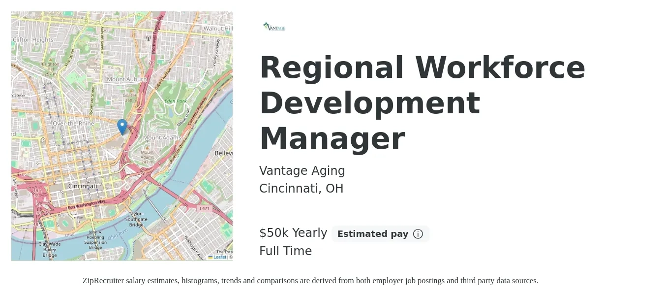 Vantage Aging job posting for a Regional Workforce Development Manager in Cincinnati, OH with a salary of $50,000 Yearly with a map of Cincinnati location.