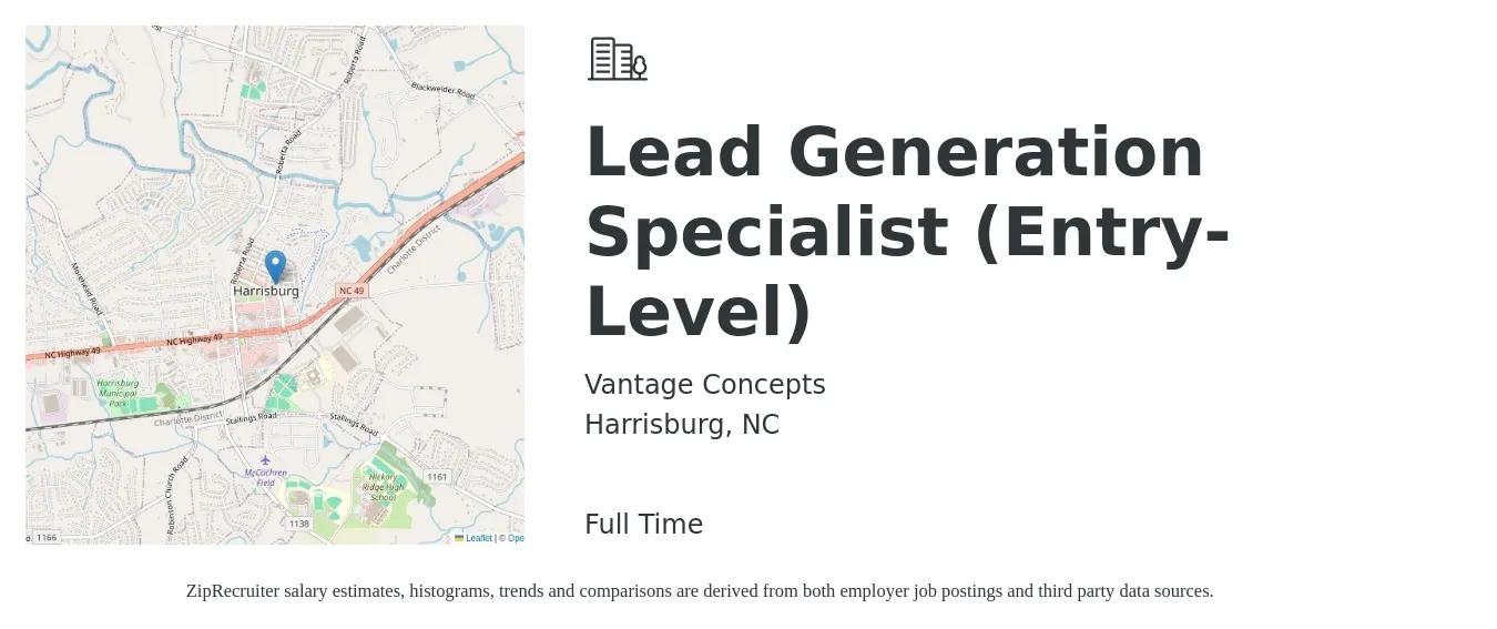 Vantage Concepts job posting for a Lead Generation Specialist (Entry-Level) in Harrisburg, NC with a salary of $36,500 to $77,700 Yearly with a map of Harrisburg location.