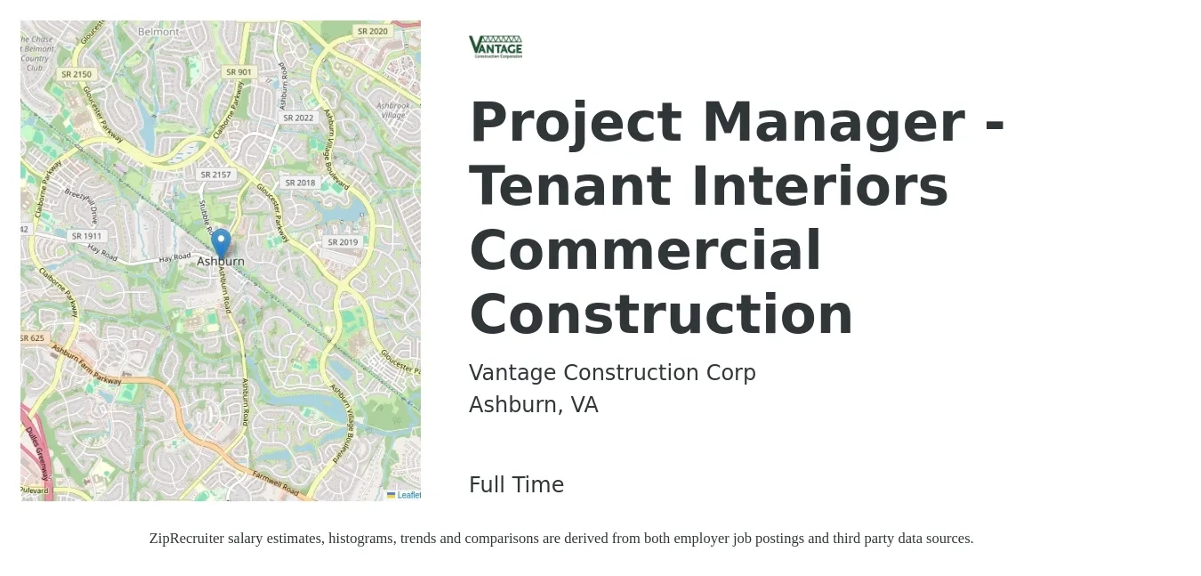 Vantage Construction Corp job posting for a Project Manager - Tenant Interiors Commercial Construction in Ashburn, VA with a salary of $92,000 to $124,200 Yearly with a map of Ashburn location.