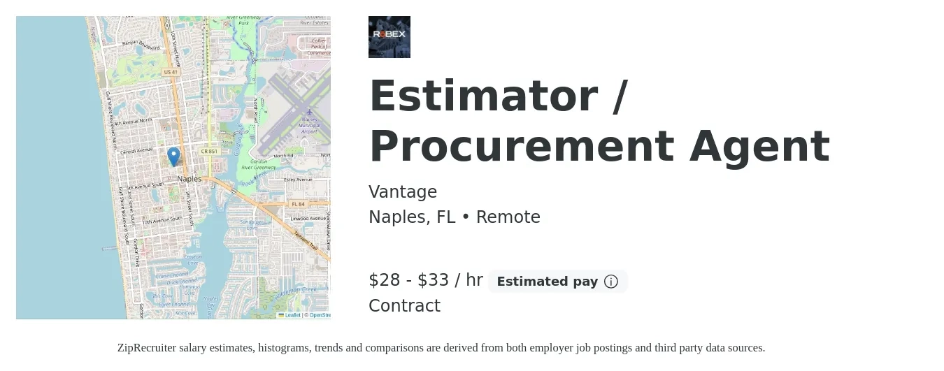 Vantage job posting for a Estimator / Procurement Agent in Naples, FL with a salary of $30 to $35 Hourly with a map of Naples location.
