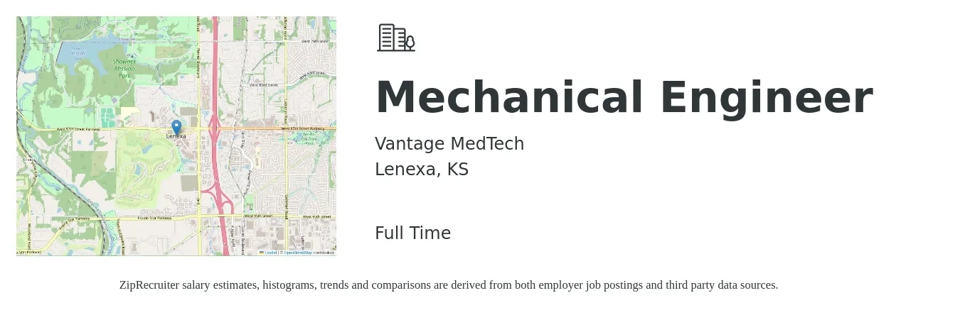 Vantage MedTech job posting for a Mechanical Engineer in Lenexa, KS with a salary of $79,900 to $124,000 Yearly with a map of Lenexa location.