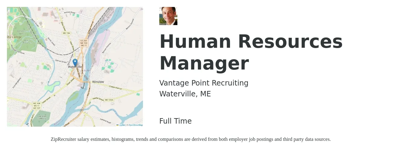 Vantage Point Recruiting job posting for a Human Resources Manager in Waterville, ME with a salary of $68,900 to $99,800 Yearly with a map of Waterville location.