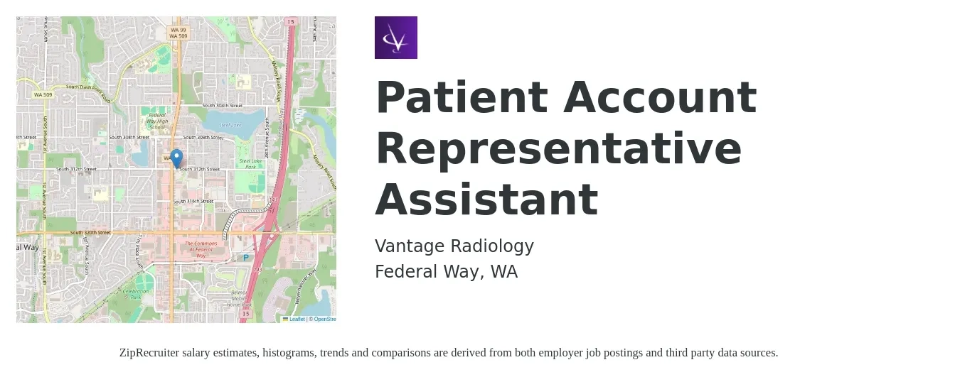 Vantage Radiology job posting for a Patient Account Representative Assistant in Federal Way, WA with a salary of $18 to $21 Hourly with a map of Federal Way location.