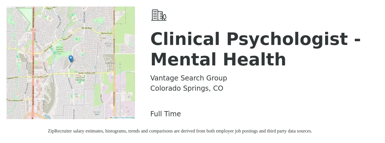Vantage Search Group job posting for a Clinical Psychologist - Mental Health in Colorado Springs, CO with a salary of $87,400 to $120,500 Yearly with a map of Colorado Springs location.