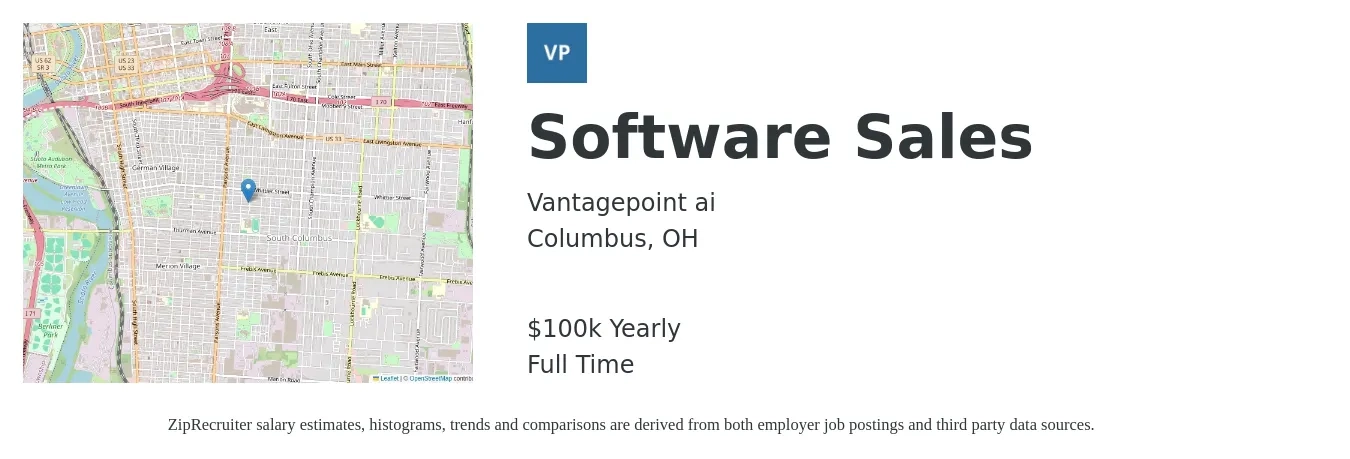 Vantagepoint ai job posting for a Software Sales in Columbus, OH with a salary of $100,000 Yearly with a map of Columbus location.