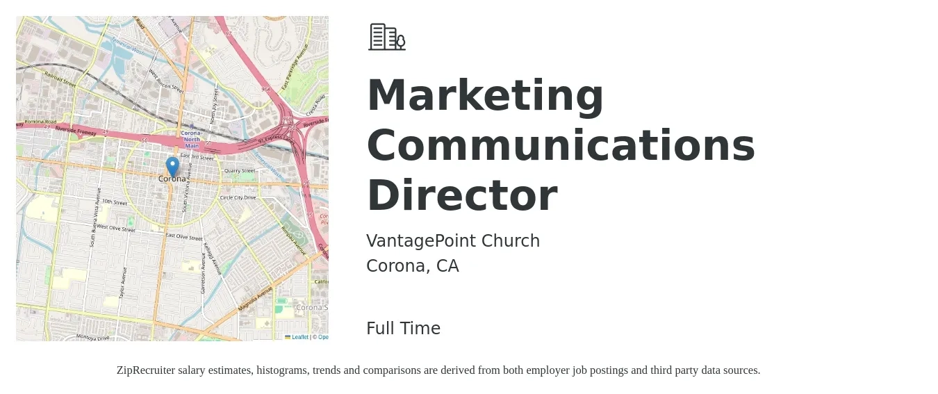 VantagePoint Church job posting for a Marketing Communications Director in Corona, CA with a salary of $55,000 to $75,000 Yearly with a map of Corona location.
